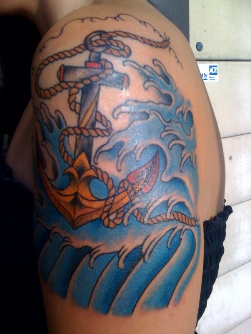Anchor Tattoo With Rope And Water