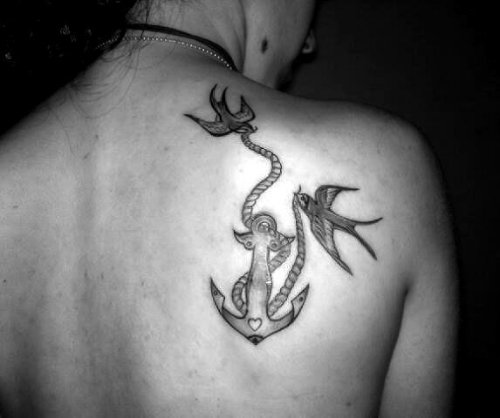 Anchor With Rope And Flying Birds Tattoo