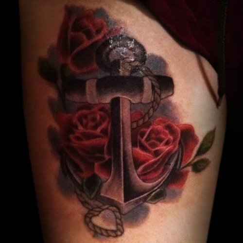 Classic Red Rose And Anchor Tattoo