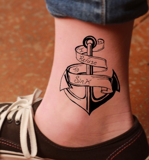 Anchor Tattoo With Banner On Ankle