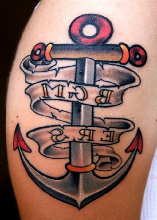 Grey Ink Banners And Anchor Tattoo