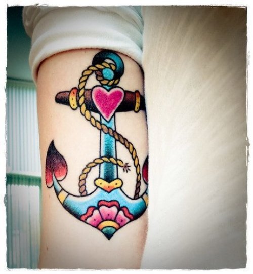 Beautiful Colored Anchor Tattoo For Girls