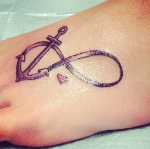 Tiny Red Heart And Anchor Infinity Tattoo On Left Foot
