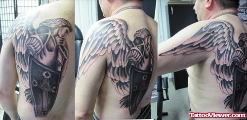 Grey Ink Angel With Crest Tattoo On Back