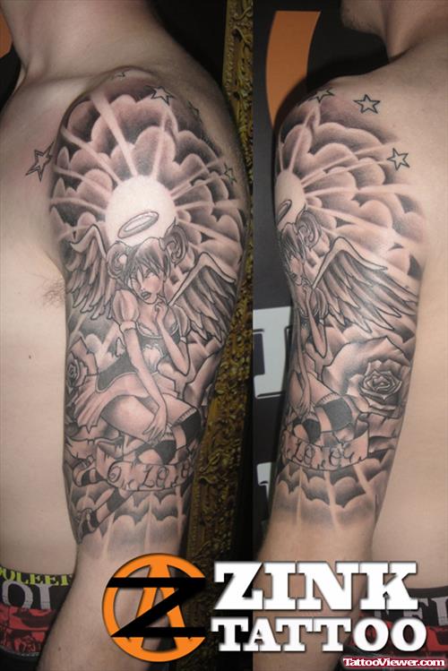 Stars And Angel Girl Grey Ink Tattoo On Half Sleeve
