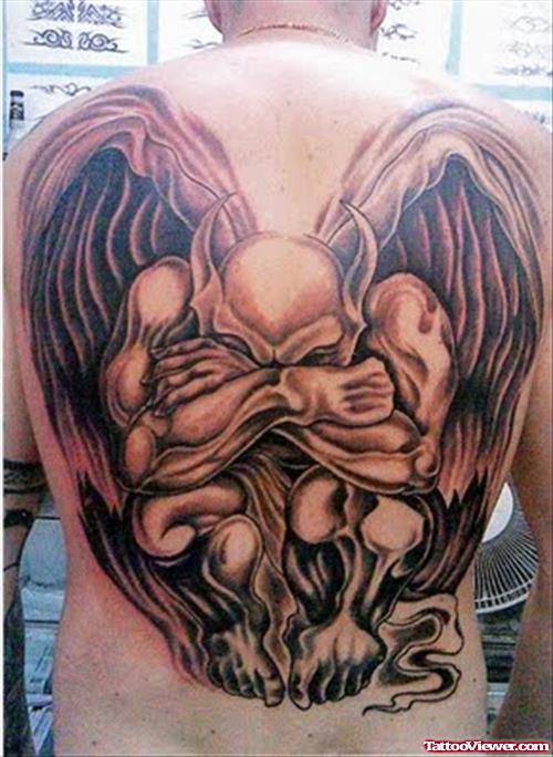 Sad Devil With Angel Wings Grey Ink Tattoo On Back