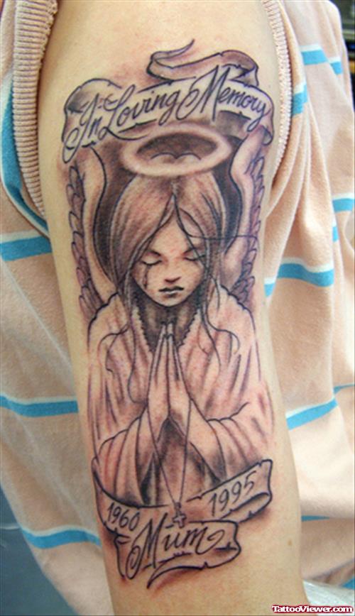 Praying Angel Girl Tattoo On Right Half Sleeve