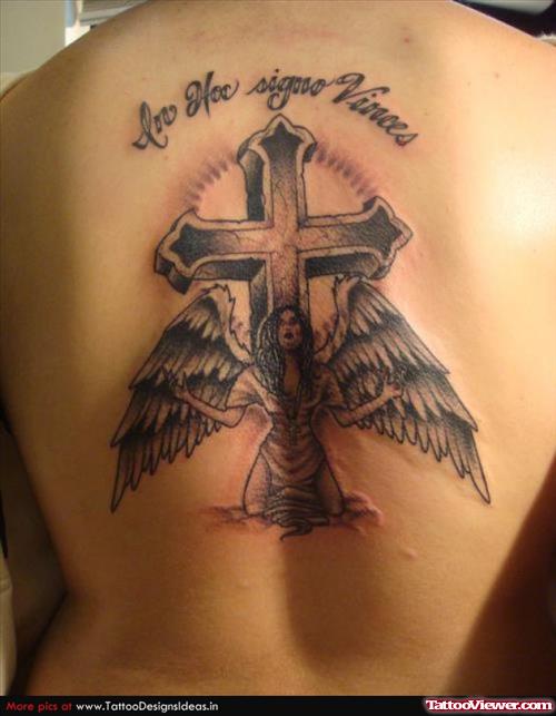 Grey Ink Cross And Angel Tattoo On Back