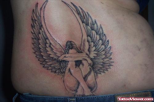 Grey Ink Angel Tattoo On Side Rib