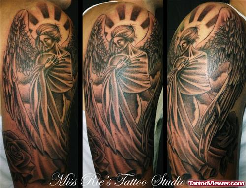 Grey Ink Angel Tattoo On shoulder