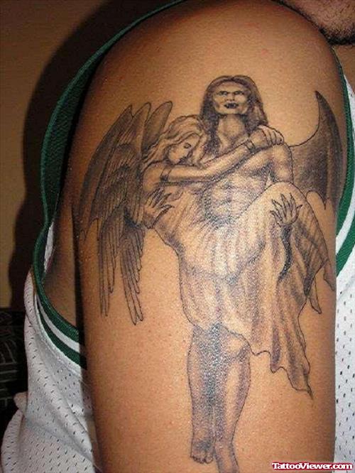 Grey Ink Angel and Devil Tattoo On Right Shoulder