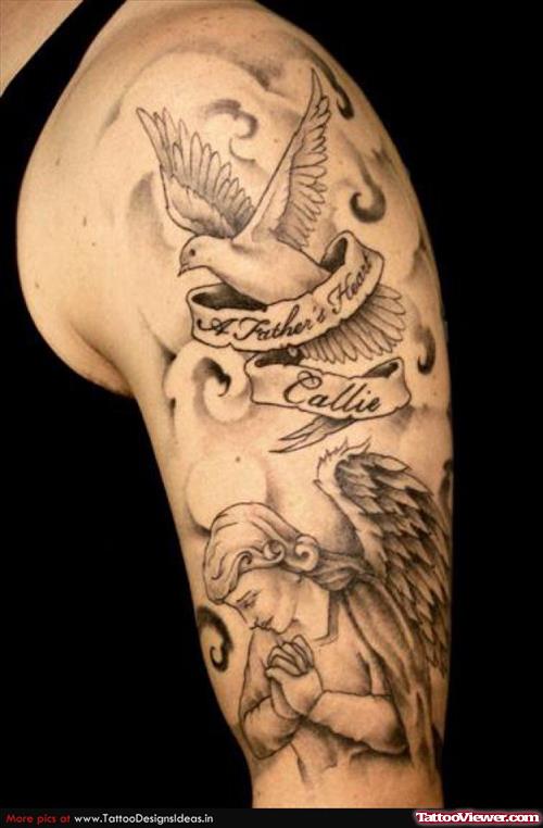 Dove With Banner And Praying Angel Tattoo On Left Half Sleeve