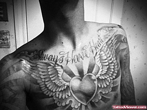 Angel Wings Heart Tattoo On Man Chest