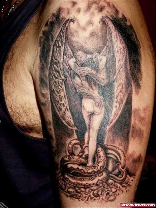 Angel Love Tattoo On Left Shoulder