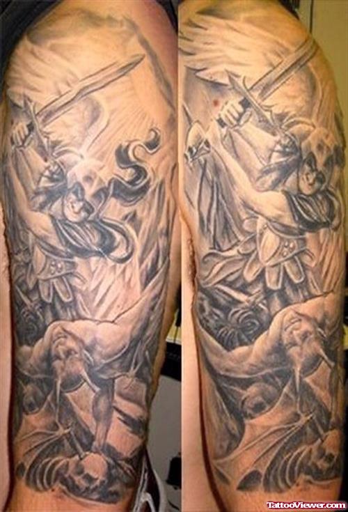 Warrior Angel Grey Ink Tattoo On Half Sleeve