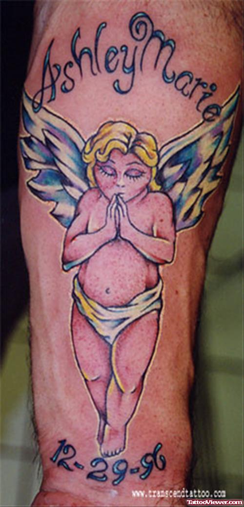 Praying cherub Angel Memorial Tattoo On Arm