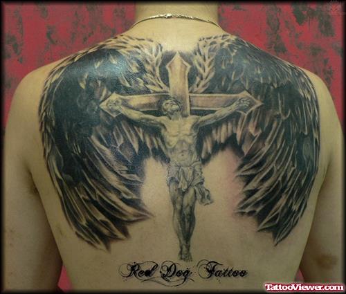 Jesus On Cross And Angel Wings Tattoo On Back