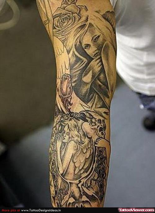 Grey Ink Angels Tattoos On Sleeve