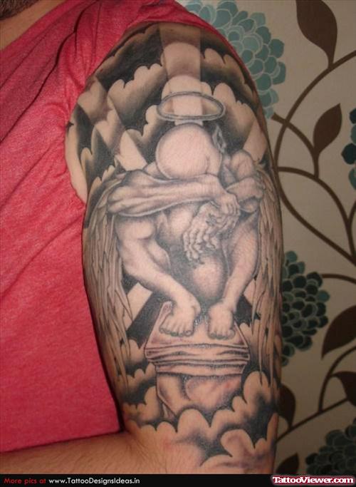 Fallen Angel Grey Ink Tattoo On Left Half Sleeve