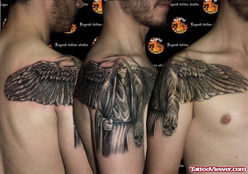 Dark Angel Tattoo On Man Right Shoulder