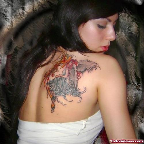 Colored Ink Angel Girl Tattoo On Right Back Shoulder