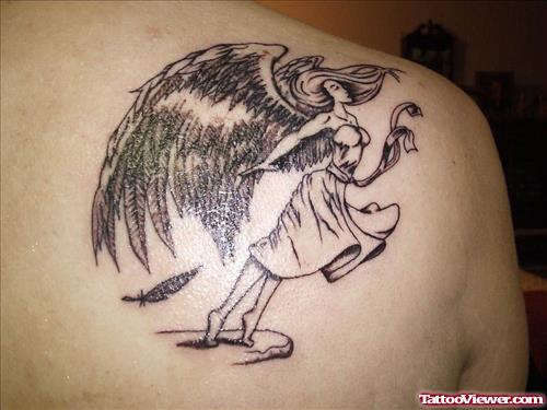 Awesome Grey Ink Angel Girl Tattoo On Right Back Shoulder