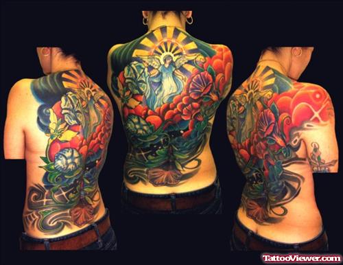 Angel In Colored Flowers Tattoo On Back Body