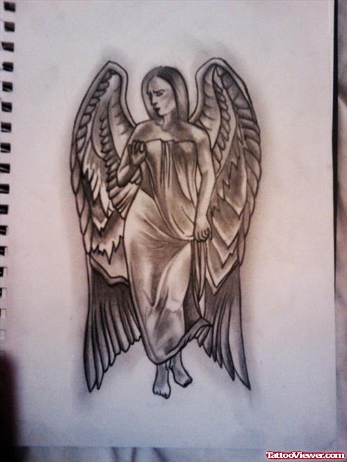 Angel Girl Grey Ink Tattoo Design