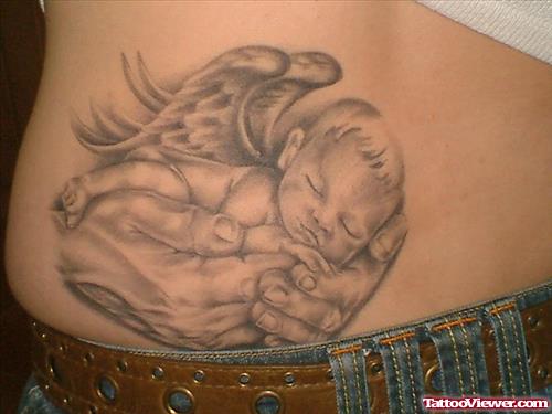 Sleeping Baby Angel Tattoo On Lowerback