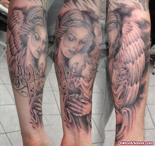 Mother Angel With Baby Angel Grey Ink Tattoo