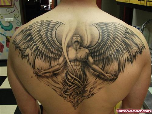 Grey Ink Open Wings Angel Tattoo On Upperback