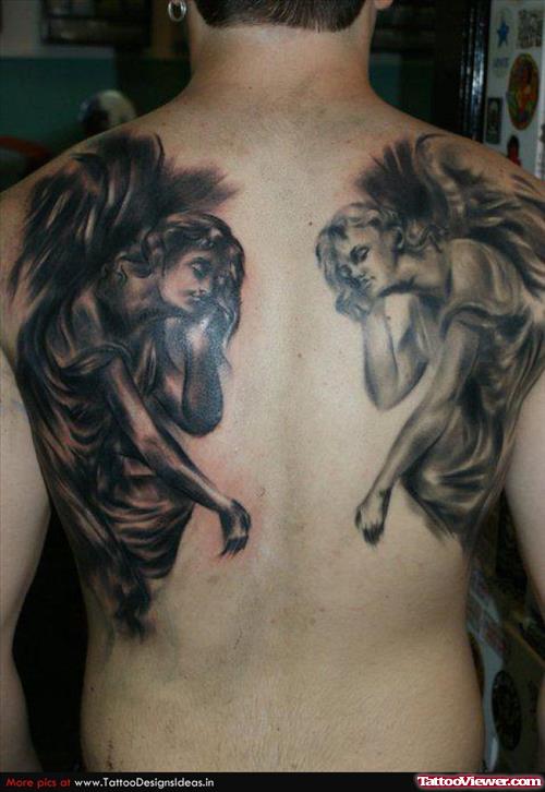 Grey Ink Angels Tattoos On Man Back Body
