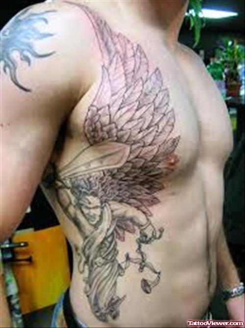 Grey Ink Angel Tattoo On Man Side Rib