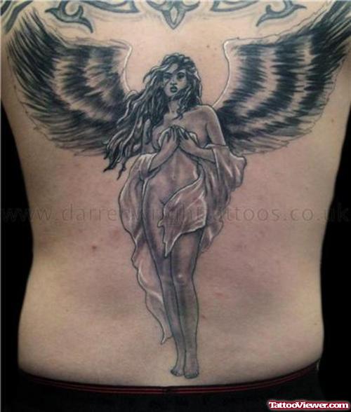 Grey Ink Angel Girl Praying Tattoo On Back Body
