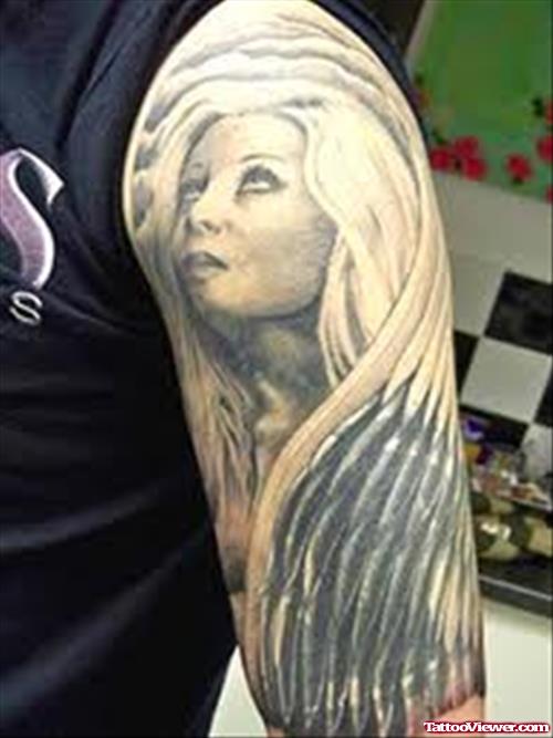 Grey Ink Angel Girl Portrait Tattoo On Half Sleeve