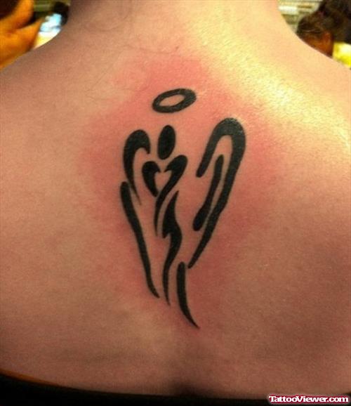 Black Ink Tribal Angel Tattoo On Back