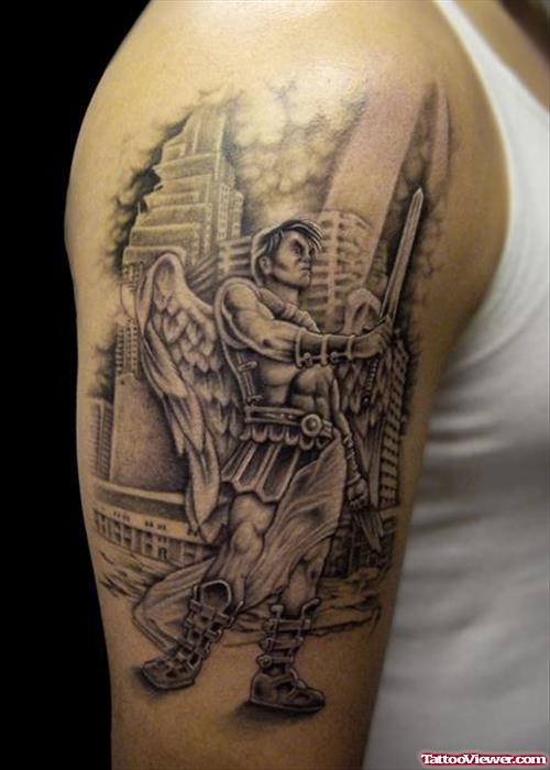 Attractive Grey Ink Angel Tattoo On Man Right Half Sleeve