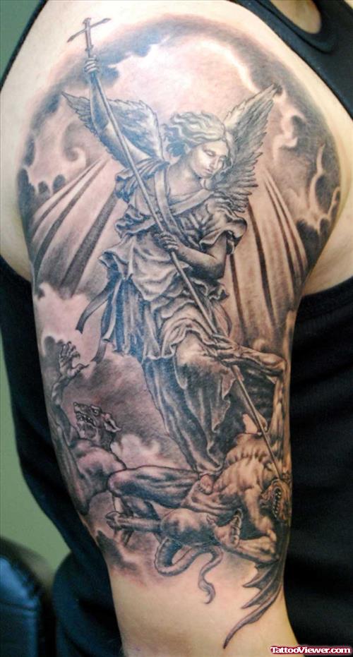 Archangel Grey Ink Tattoo On Right Half Sleeve