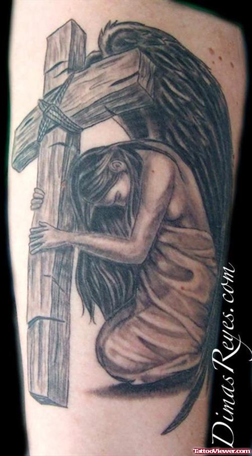 Angel Girl With Cross Grey Ink Tattoo