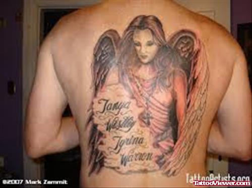 Angel Girl With Banner Tattoo On Back
