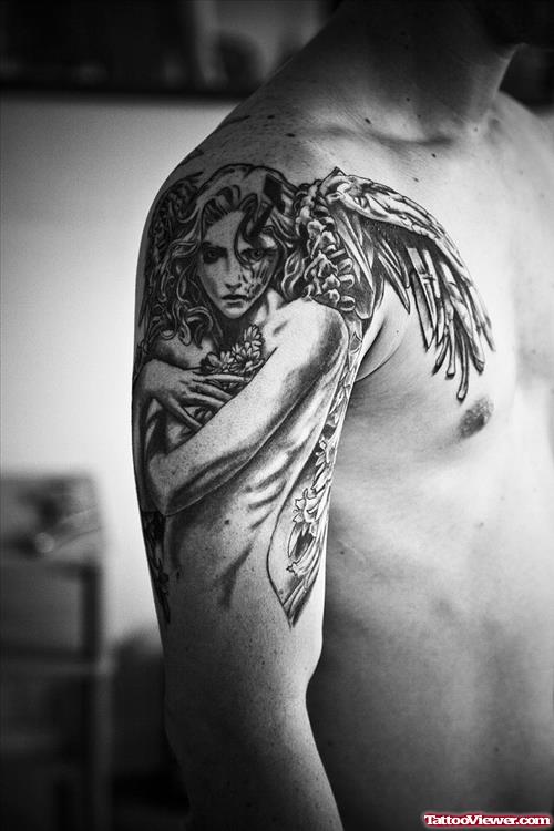Angel Girl Grey Ink Tattoo On Right Shoulder
