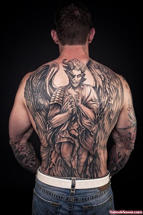 Grey Ink Angel Tattoo On Man Full Back
