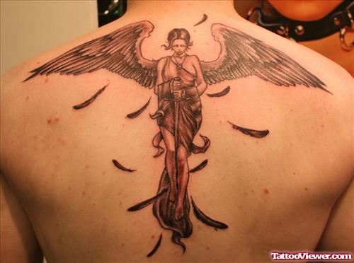 Grey Ink Angel Girl Tattoo On Upperback