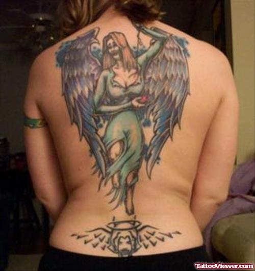 Blue Ink Angel Tattoo On Back Body