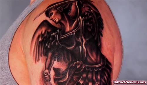 Black Ink Angel Tattoo On Left Shoulder