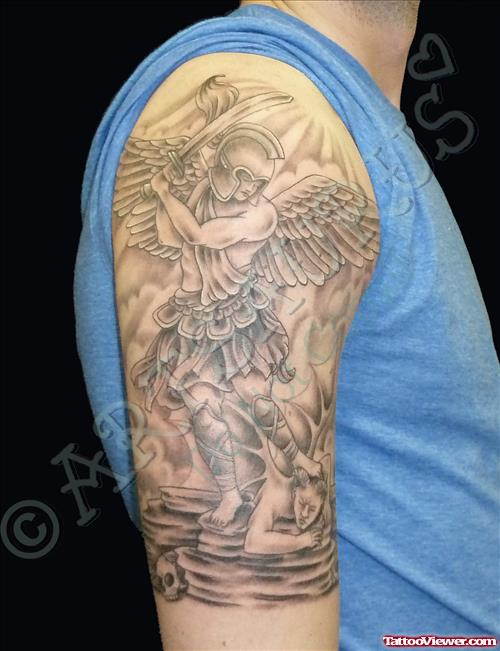 Archangel With Sword Grey Ink Tattoo On Right Half Sleeve
