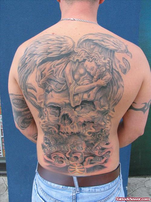 Angel Sleeping On Skull Grey Ink Tattoo On Back