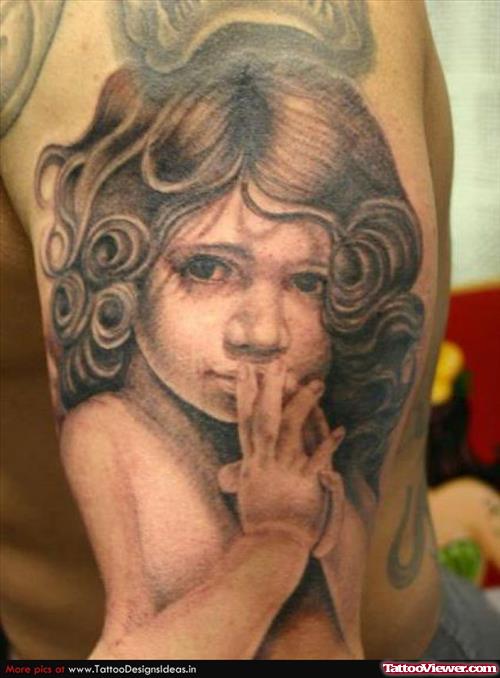 Angel Girl Grey Ink Tattoo On Left Half Sleeve