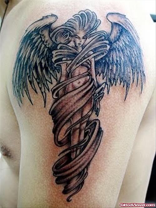 Amazing Angel Tattoo On Man Left Shoulder