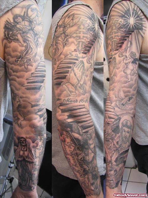 Right Sleeve Angel Grey Ink Tattoo For Men